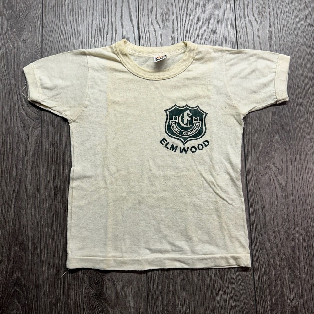 Vintage 80s Elmwood Summa Summarum Crest Graphic T-Shirt Off White Small Single